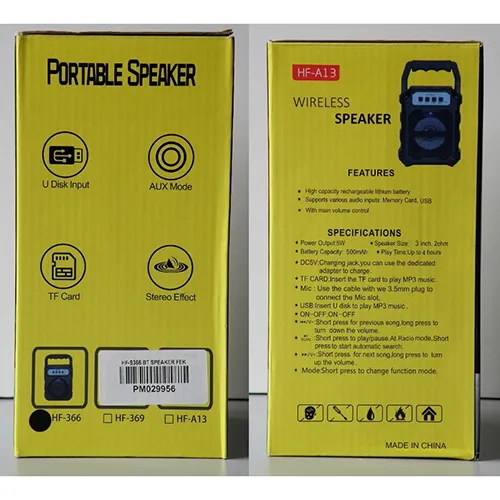 Wireless speaker with black plastic casing and built-in battery.