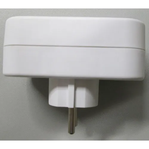 Double socket adaptor. Dimensions: height x width x depth = approximately 100 mm x 45 mm x 40 mm + base.