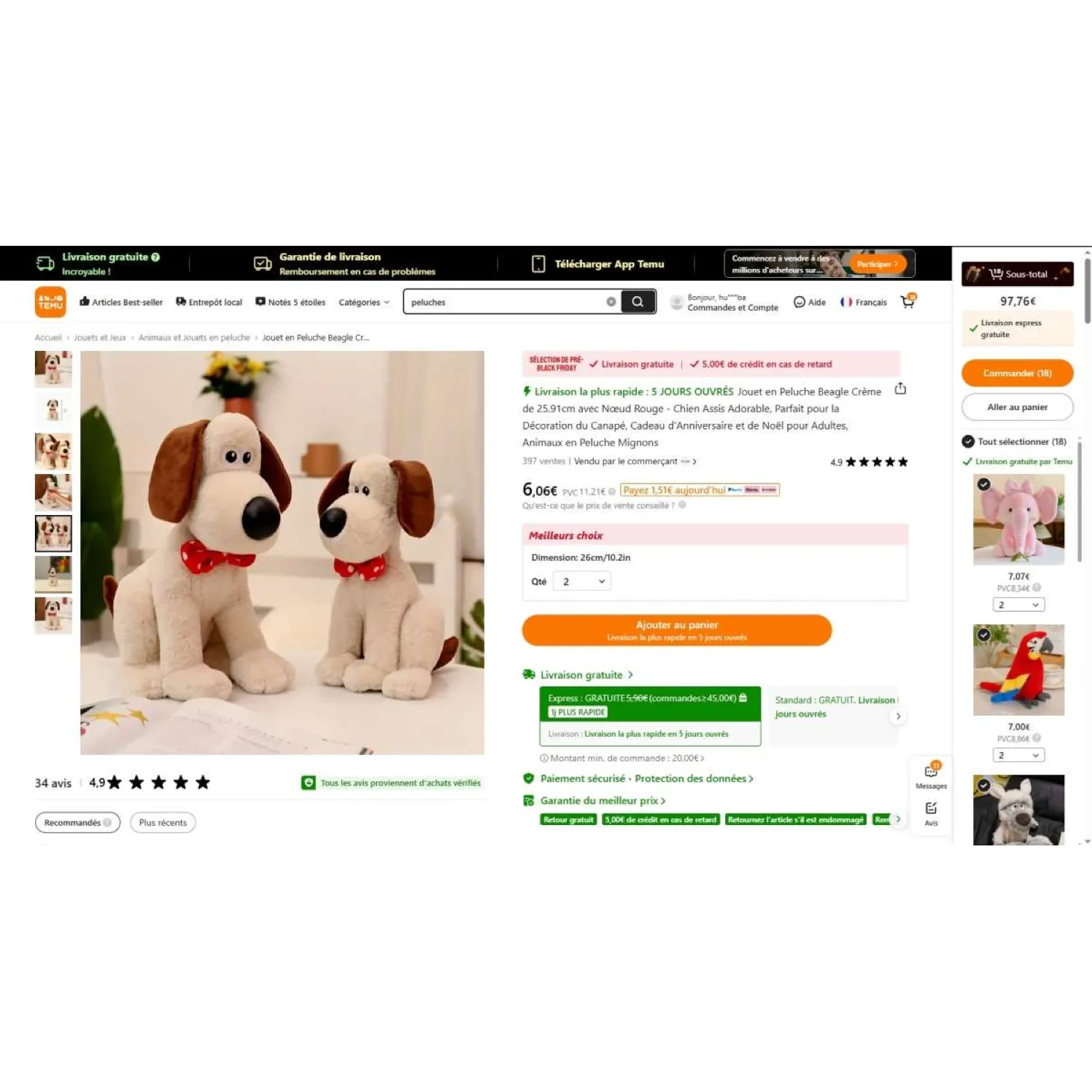 Beige soft toy in the shape of a sitting dog with a red bow around the neck.