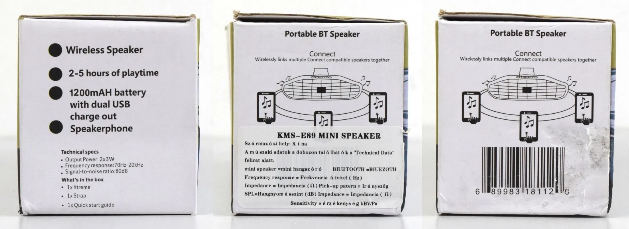 Wireless speaker with plastic casing and integrated rechargeable battery.