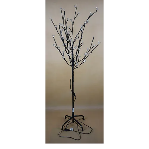Decorative lighting tree with LED lights and white flower-shaped lampshades, mounted on a black metal stand.