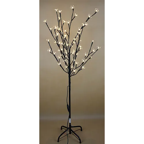 Decorative lighting tree with LED lights and white flower-shaped lampshades, mounted on a black metal stand.