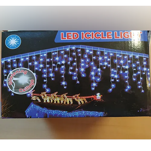 Icicle-style decorative light string with 500 multi-coloured LEDs, white insulated wiring, and an end-to-end connector for extendable series connection.