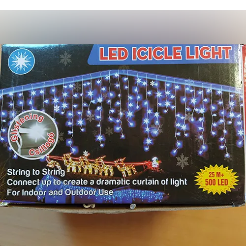 Icicle-style decorative light string with 500 multi-coloured LEDs, white insulated wiring, and an end-to-end connector for extendable series connection.