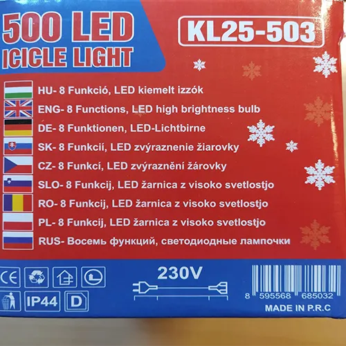Icicle-style decorative light string with 500 multi-coloured LEDs, white insulated wiring, and an end-to-end connector for extendable series connection.