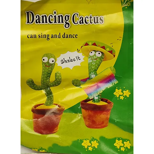Battery operated toy in the shape of a cactus plant in a pot which makes music and moves like dancing.