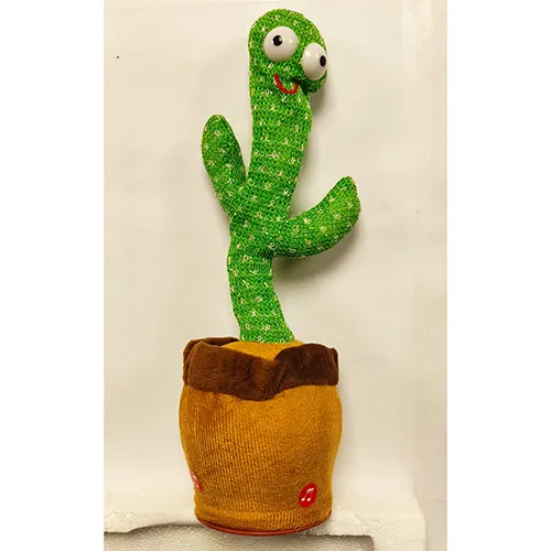 Battery operated toy in the shape of a cactus plant in a pot which makes music and moves like dancing.