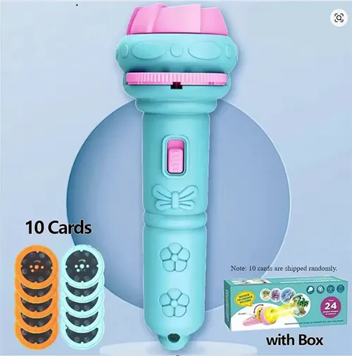 Pink toy flashlight in which perforated discs (supplied with the toy) can be inserted to project an image (10 discs).