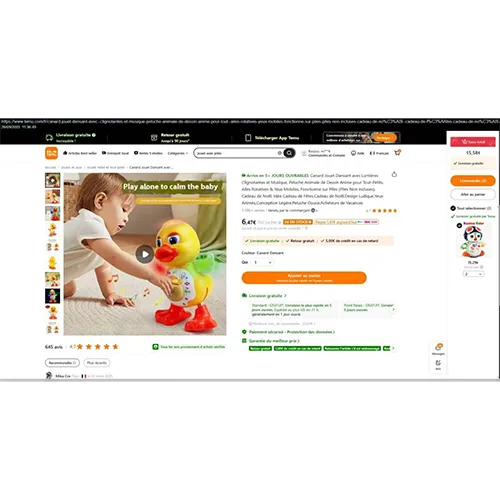 Battery-operated plastic toy in the shape of a duck. The toy dances, emits music and lights up with multi-coloured LEDs.