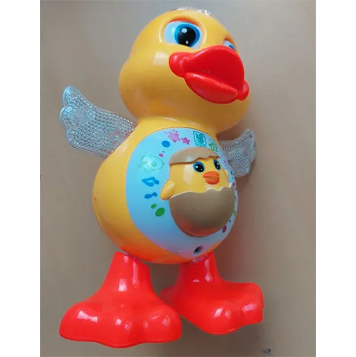 Battery-operated plastic toy in the shape of a duck. The toy dances, emits music and lights up with multi-coloured LEDs.