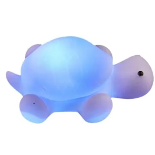 Plastic night lamp, intended for children, in the shape of a turtle, with a battery compartment containing button batteries.
