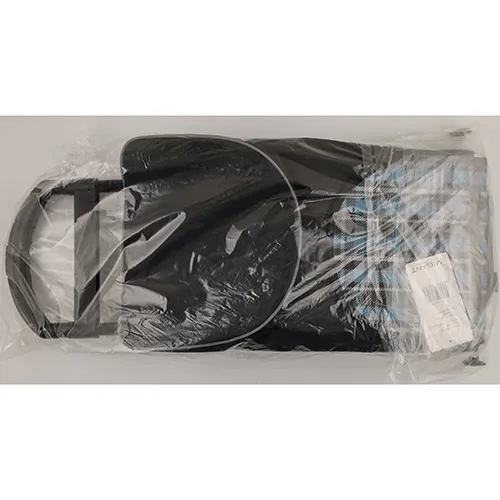 Black plastic shopping trolley with a flower or square-print in the flap.
