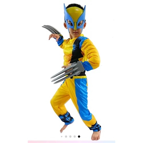 Fancy-dress costume depicting the Marvel character Wolverine, in size S, made up of a body suit, the upper part of which is padded. Sold with plastic claws and a plastic mask.