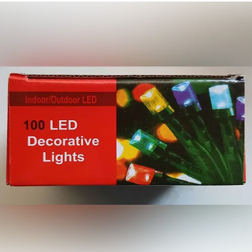 Decorative lighting chain with 100 LEDs, transparent wiring, and a white integrated control box (model: EK-04) featuring a mechanical program selection button on the back, and an end-to-end plug connector.