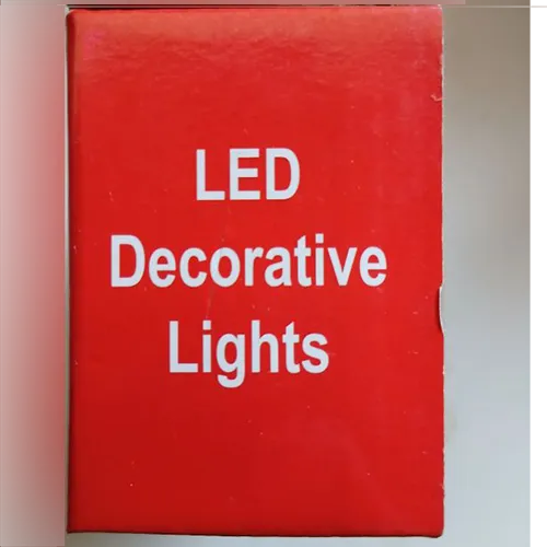 Decorative lighting chain with 100 LEDs, transparent wiring, and a white integrated control box (model: EK-04) featuring a mechanical program selection button on the back, and an end-to-end plug connector.