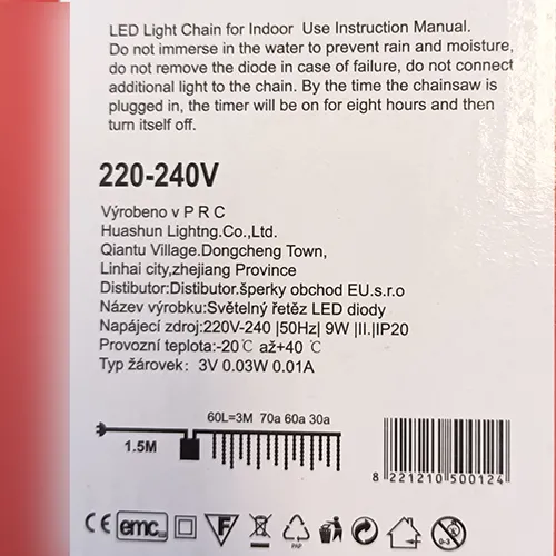 Lighting chain with non-replaceable LED light sources, equipped with electronics for lighting effects with a switch.
