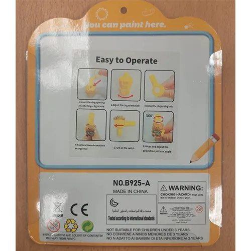 Toy set of 4 small light projectors made of yellow plastic and designed to be worn on the finger. The set also includes 4 removable decorative elements featuring children’s motifs.