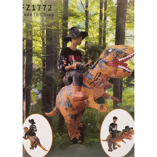 Inflatable fancy-dress dinosaur costume, including a blower, a USB cable and a battery compartment.