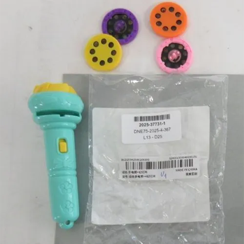 Green and yellow plastic toy flashlight in which 4 perforated discs can be inserted to project an image.