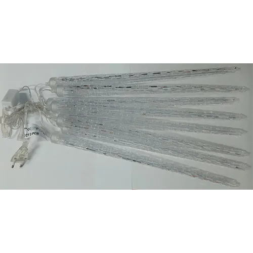 Mains-powered, series-connectable, curtain-like Christmas lighting chain with 8 plastic icicle-shaped tubes containing 288 LED lights. Technical data: 220-240V, 50Hz, 4.2W.