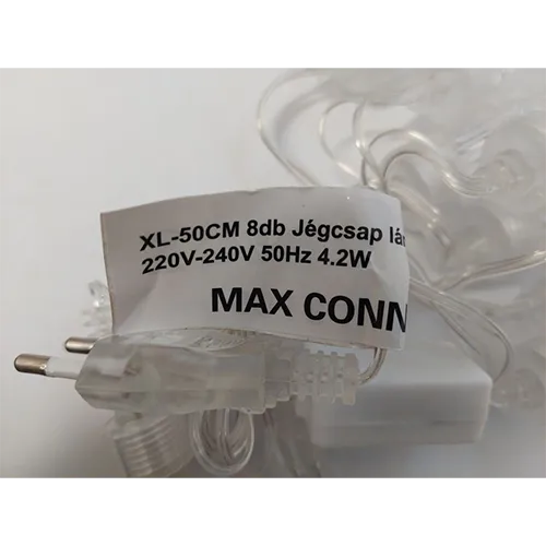 Mains-powered, series-connectable, curtain-like Christmas lighting chain with 8 plastic icicle-shaped tubes containing 288 LED lights. Technical data: 220-240V, 50Hz, 4.2W.