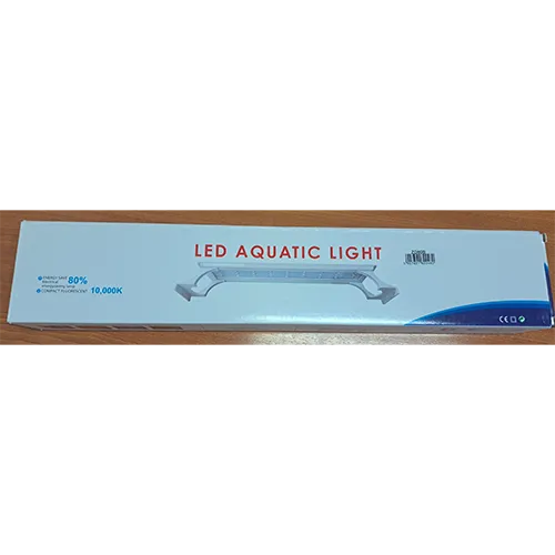 Blue and white plastic LED aquarium lamp with mounting brackets and a power cable, 12W, 180-260V.