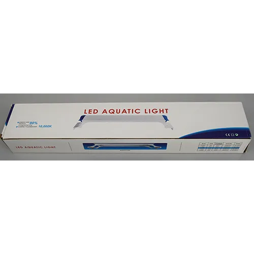 Blue and white plastic LED aquarium lamp with mounting brackets and a power cable, 12W, 180-260V.