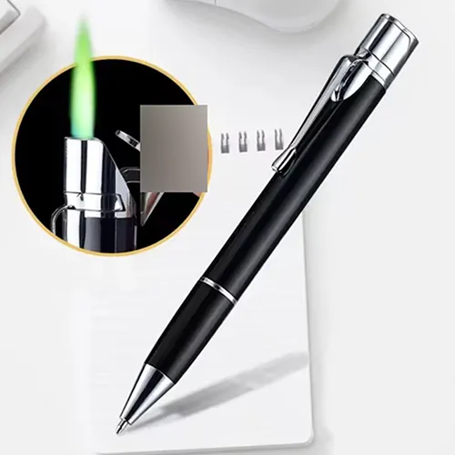 Refillable lighter in the shape of a black pen.