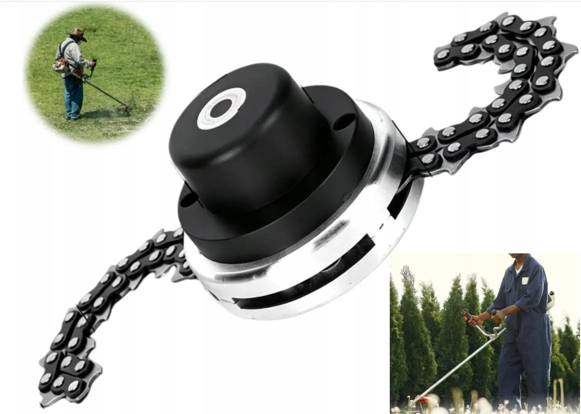 Flail-type cutting attachment with two metal chains.