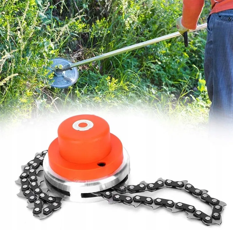 Flail-type cutting attachment with two metal chains.