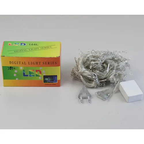 Mains-powered, series-connectable Christmas lighting chain with a transparent cable, 144 LED lights, and a white control box. The device is equipped with an EK-04 model 8-program mini controller. Technical data: 220 V, Class II appliance.