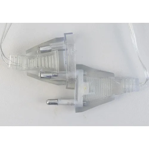 Mains-powered, series-connectable Christmas lighting chain with a transparent cable, 144 LED lights, and a white control box. The device is equipped with an EK-04 model 8-program mini controller. Technical data: 220 V, Class II appliance.