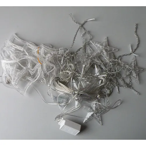Mains-powered Christmas LED lighting chain in the shape of a five-pointed star, equipped with a white 8-function control box and a series connection socket. Technical data: 220 V.