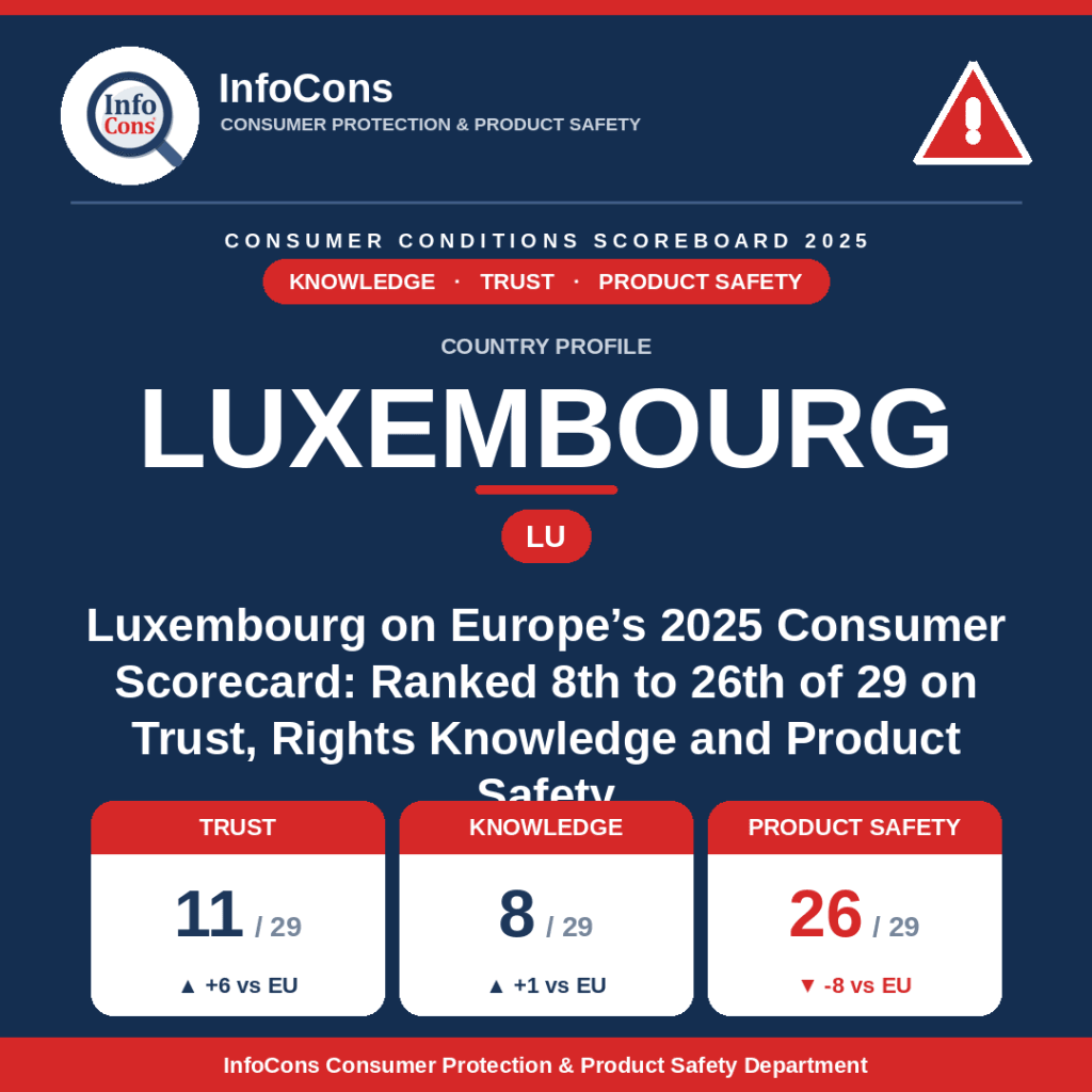 Luxembourg on Europe's 2025 Consumer Scorecard Ranked 8th to 26th of 29 on Trust, Rights Knowledge and Product Safety