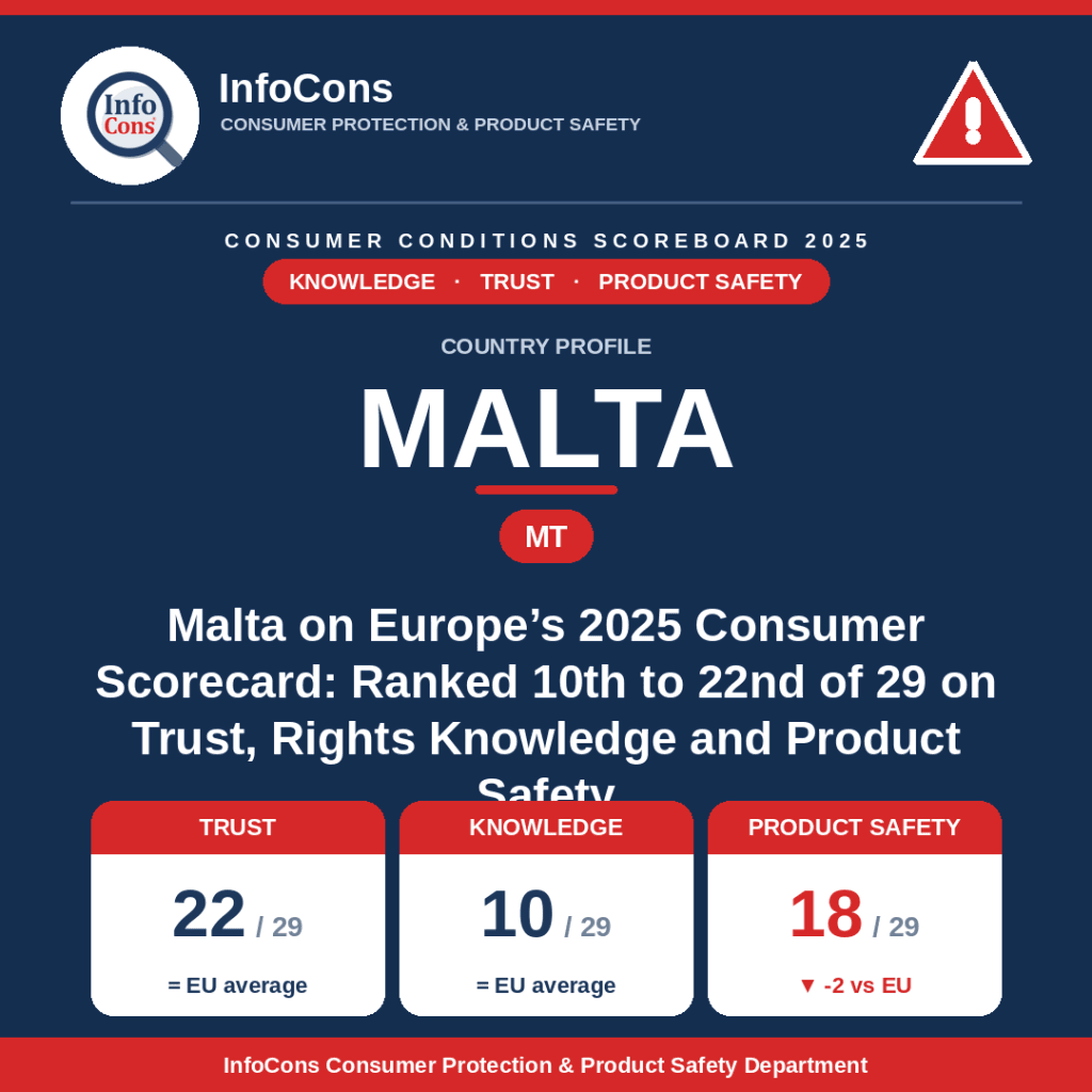 Malta on Europe's 2025 Consumer Scorecard Ranked 10th to 22nd of 29 on Trust, Rights Knowledge and Product Safety