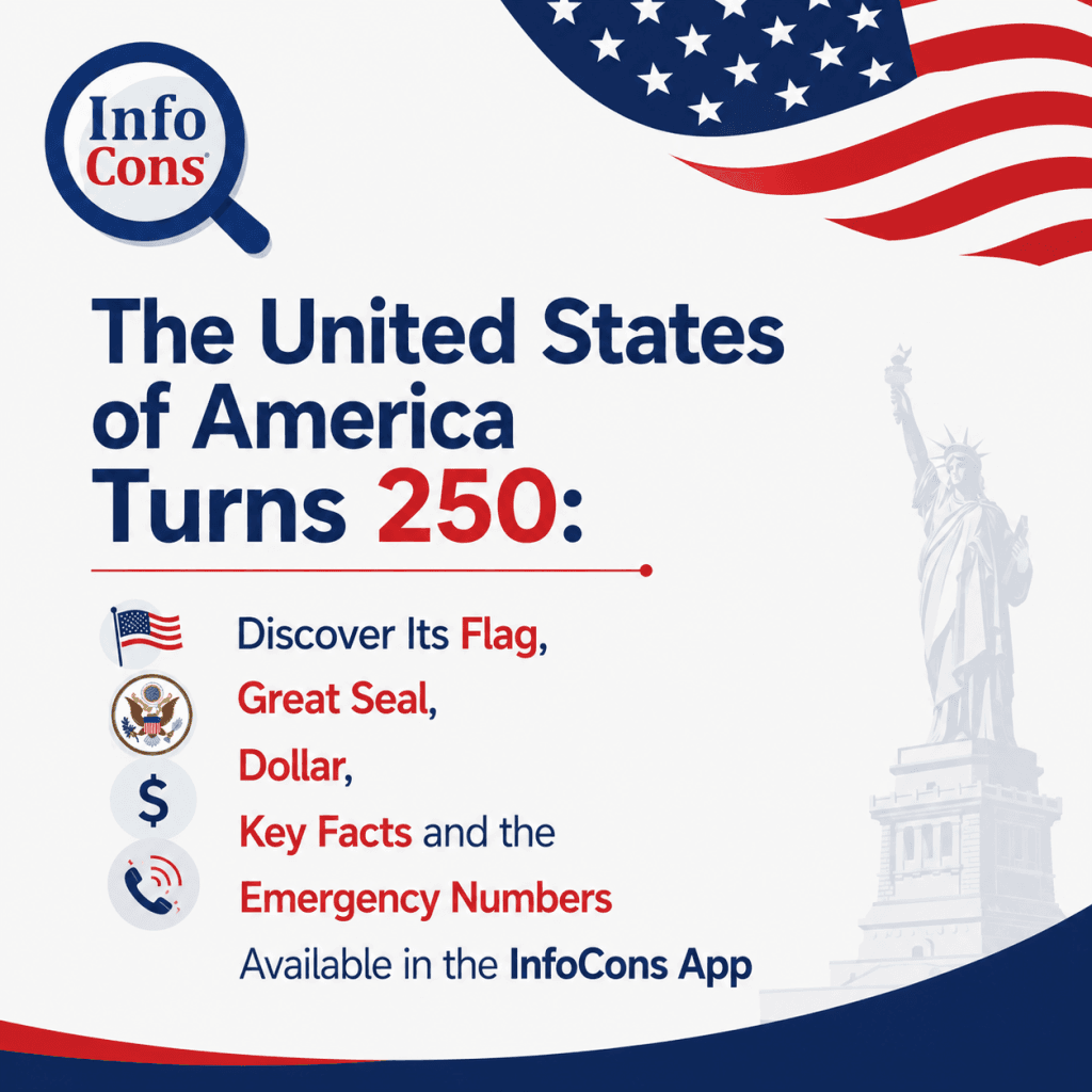 The United States of America Turns 250 : Discover Its Flag , Great Seal , Dollar , Key Facts and the Emergency Numbers Available in the InfoCons App