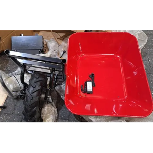 Red, battery-powered electronically assisted wheelbarrow.