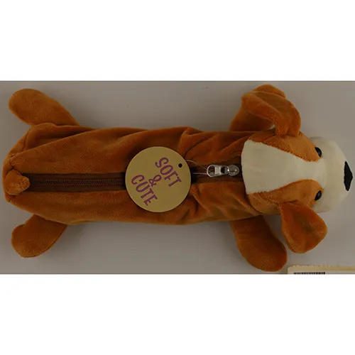 Two plush toy pencil cases in the shape of a dog. One dog is light brown and with a brown zipper, while the second one is dark brown and has a black zipper.