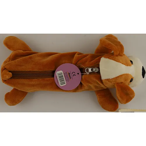 Two plush toy pencil cases in the shape of a dog. One dog is light brown and with a brown zipper, while the second one is dark brown and has a black zipper.