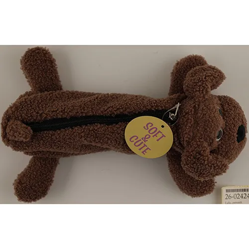 Two plush toy pencil cases in the shape of a dog. One dog is light brown and with a brown zipper, while the second one is dark brown and has a black zipper.