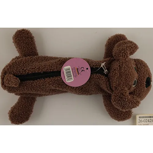 Two plush toy pencil cases in the shape of a dog. One dog is light brown and with a brown zipper, while the second one is dark brown and has a black zipper.