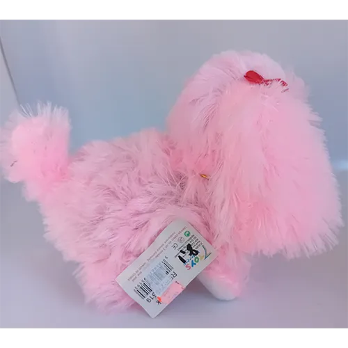 Plastic toy in the shape of a dog ​​with elements. Hard plastic frame covered with soft plush fabric.