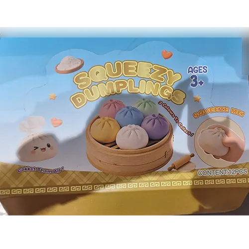 Squeeze toy in the shape of a Chinese dumpling in a plastic container made to resemble a bamboo steamer.