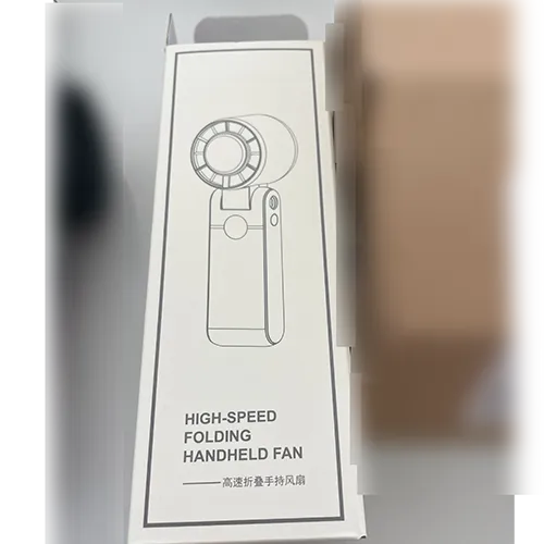 Rechargeable handheld folding fan with a plastic housing in black and pink, sold with a USB charging cable and wrist strap.