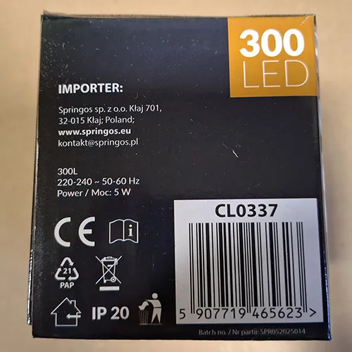 Lighting chain intended for interconnection, which contains 300 non-replaceable LED light sources. The product includes a device for changing lighting modes.