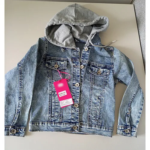 Light blue denim jacket with a drawstring with free ends and a grey knitted hood fastened with buttons.