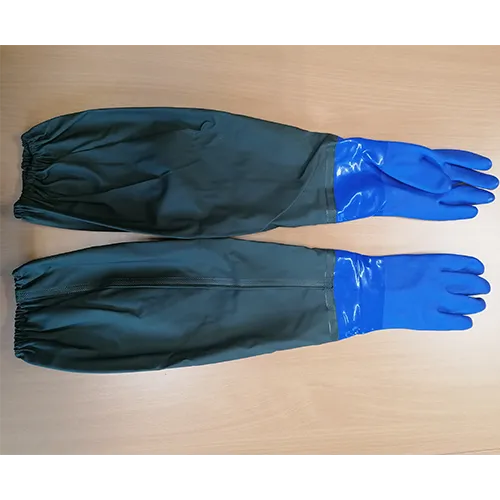 Long waterproof and chemical-resistant protective gloves, 68 cm in length, advertised as providing reliable protection against acids, alkalis, oil and solvents.