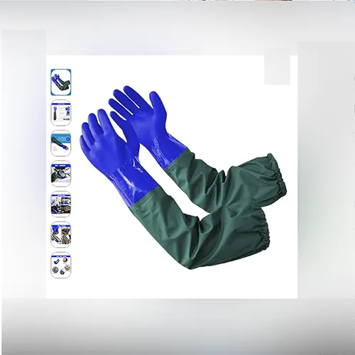 Long waterproof and chemical-resistant protective gloves, 68 cm in length, advertised as providing reliable protection against acids, alkalis, oil and solvents.