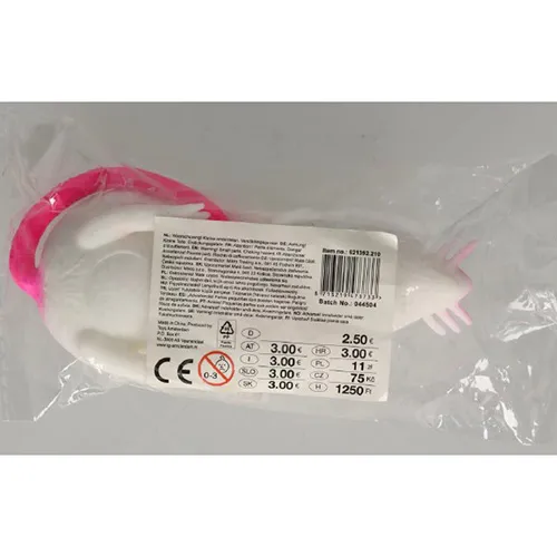 Toy made of stretchy plastic in the shape of a mouse, filled with sand.