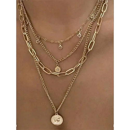 Necklace with a round pendant and rhinestones.